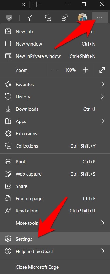 Microsoft Edge Settings menu