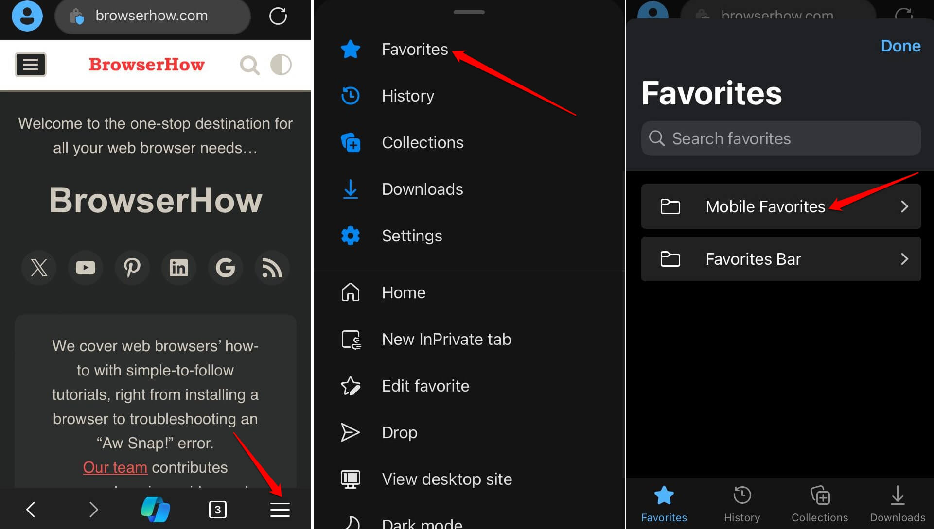 mobile favorites folder in Edge browser on iPhone