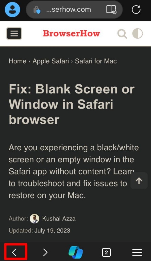 navigate backward in Edge browser on iPhone