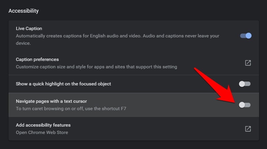 Navigate Pages with text cursor toggle button chrome