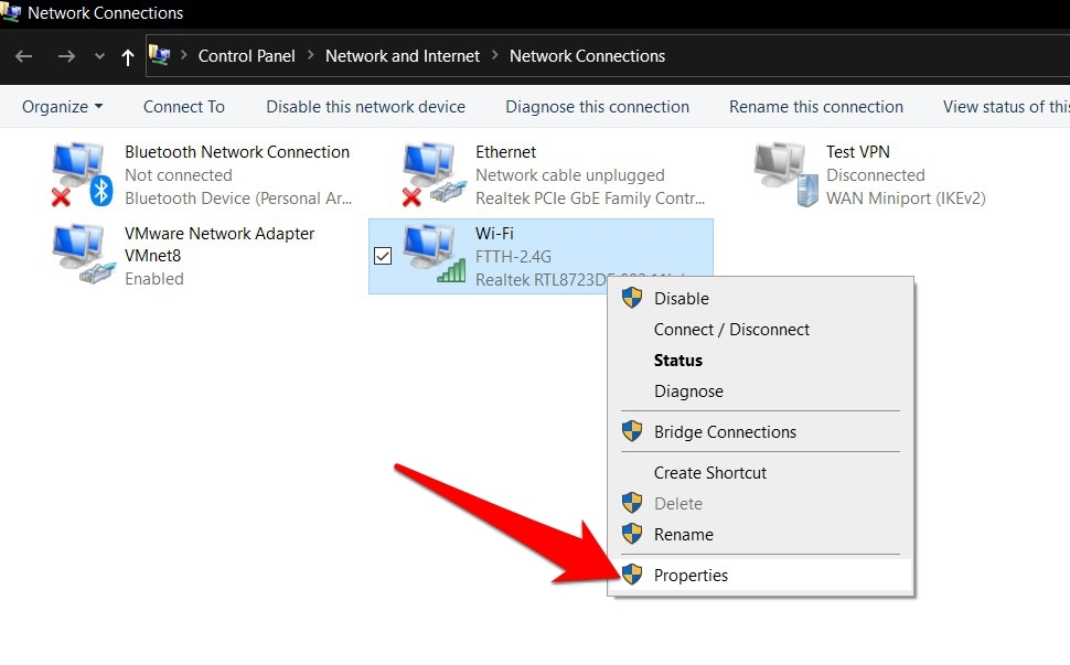 Network Connections WiFi or Internet Modem Properties