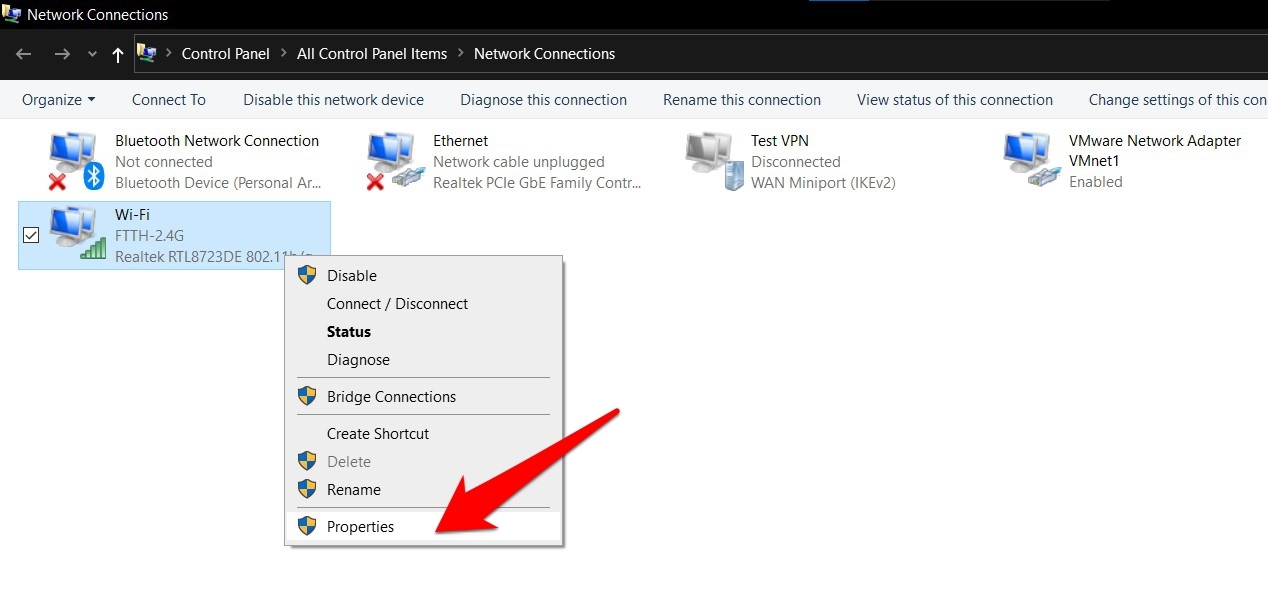 Network Properties for active connection on Windows OS