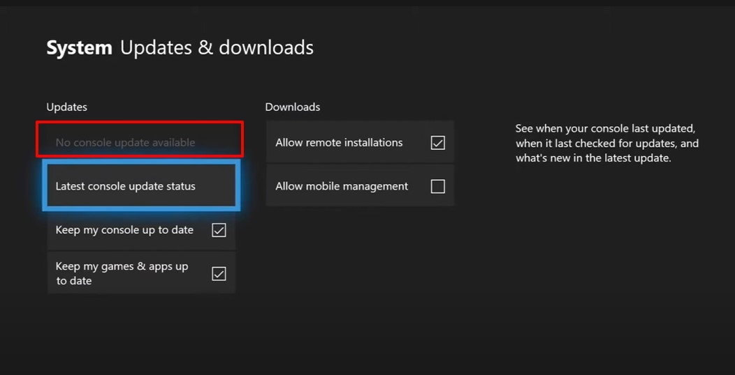No console updates available on Xbox