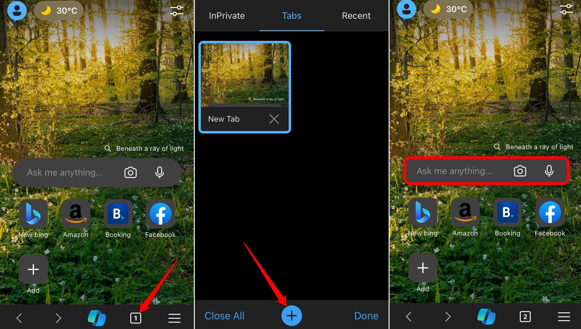 open a new tab in Edge browser iPhone