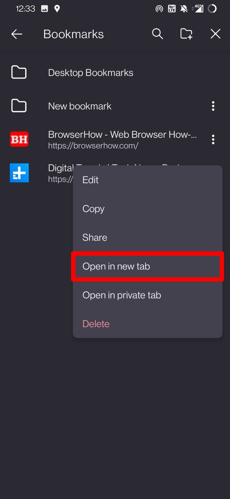 open bookmark in new tab in Firefox android