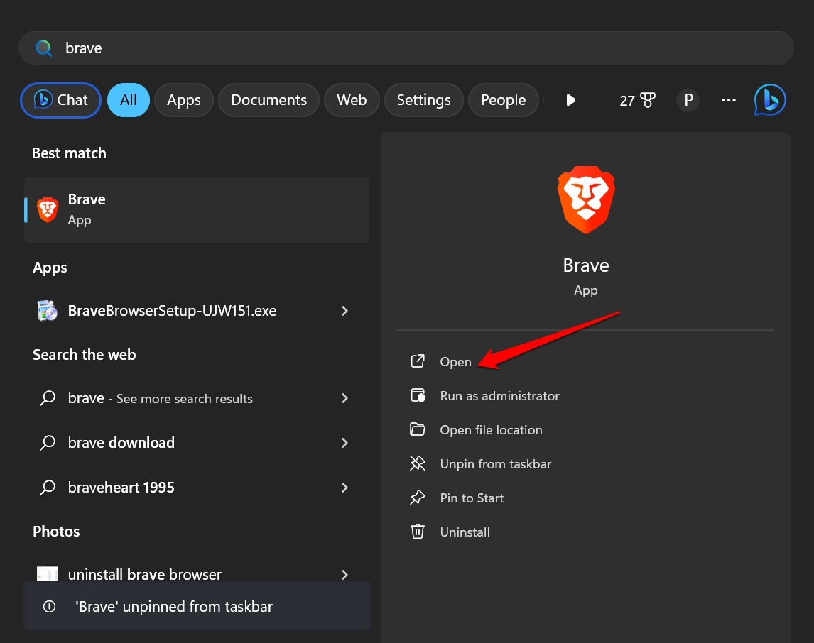 Open Brave app in Windows PC