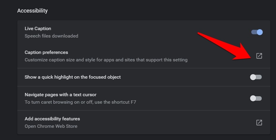 Open Caption Preferences from Google Chrome