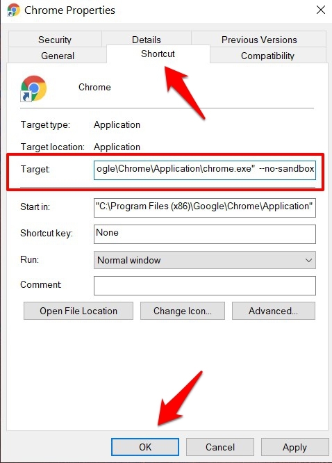 Open Chrome in No Sandbox mode in Windows