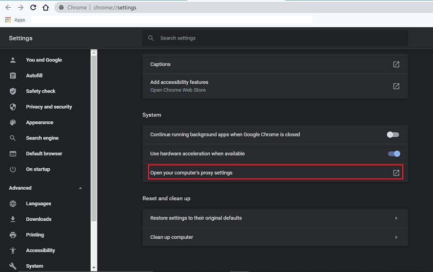 open computer proxy settings in chrome