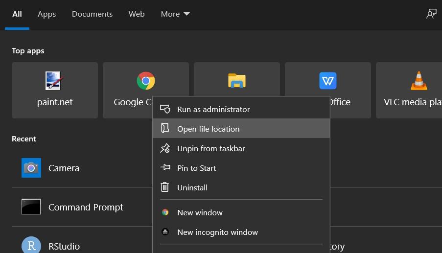 Open File Location in Windows OS