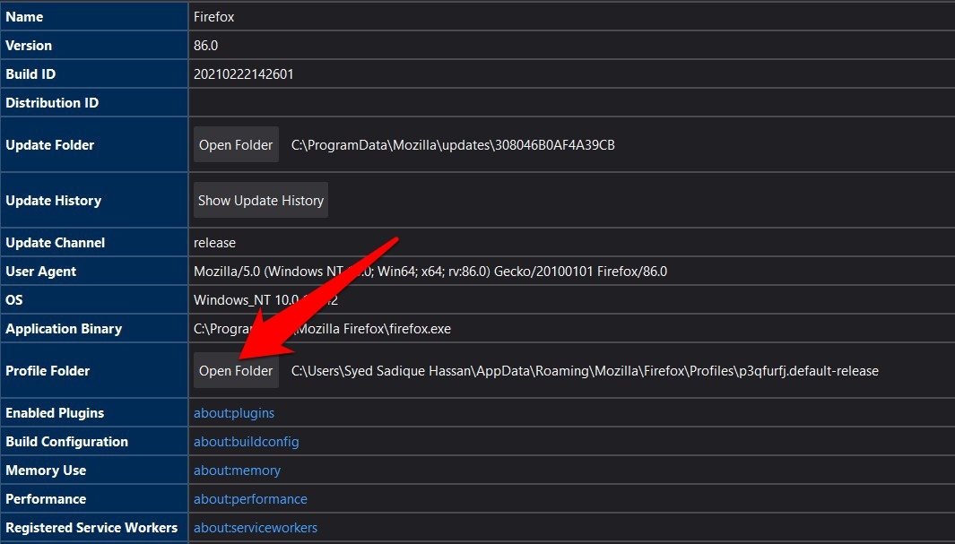 Open Profile Folder for Firefox Browser