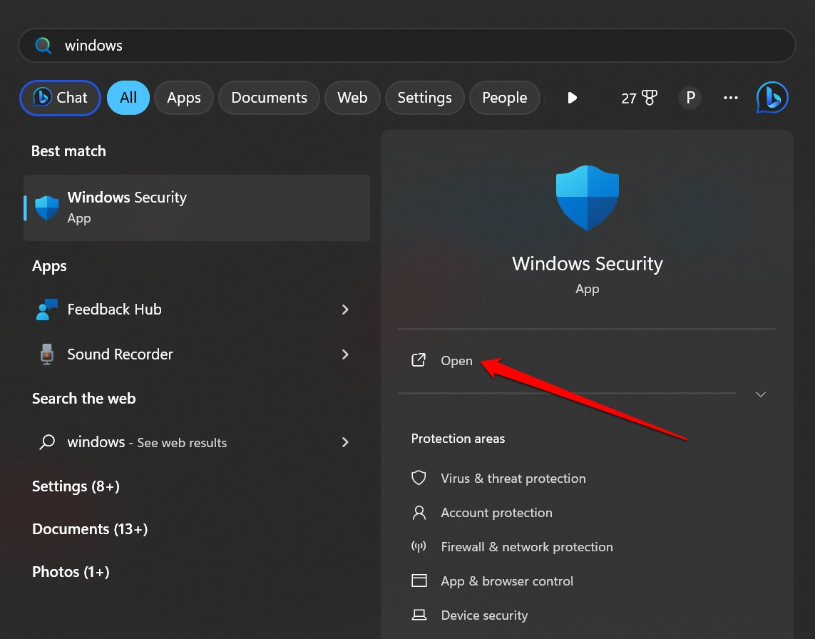 Open Windows Security app from Start Window