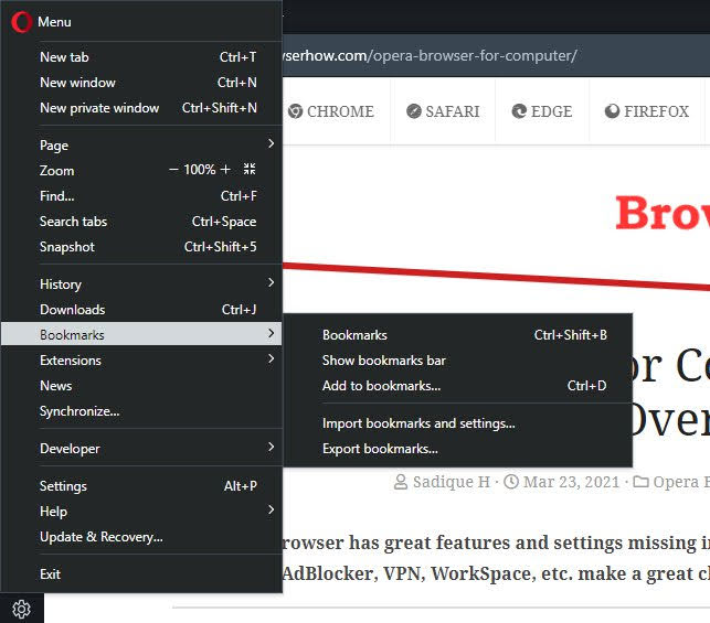 Opera Bookmarks Options Menu