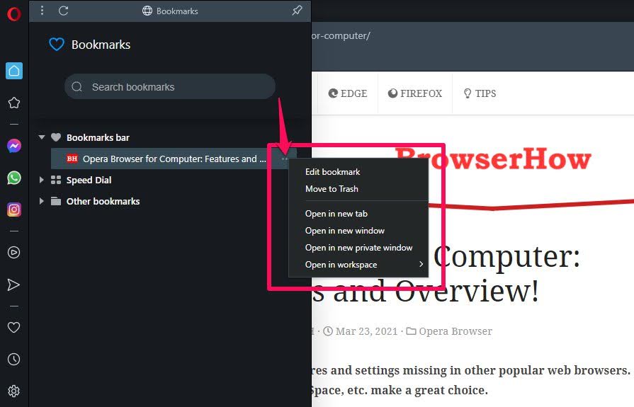 Opera Browser Bookmarks Edit or Delete