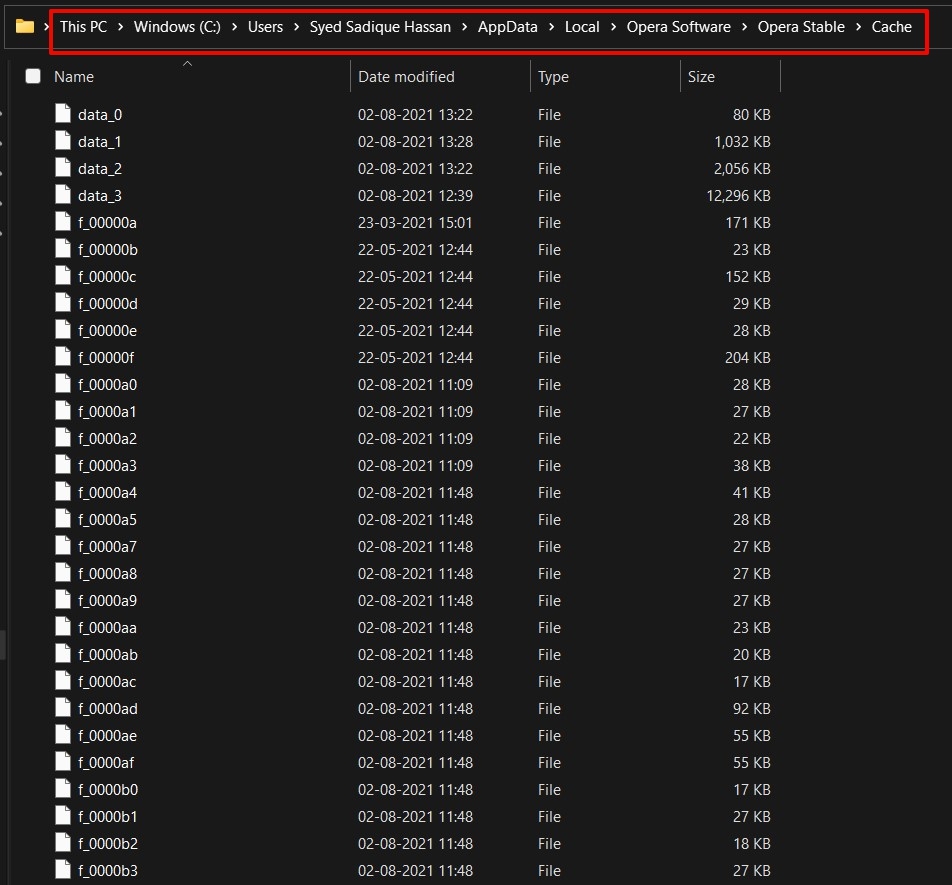 Opera browser cache and data stored in Windows PC