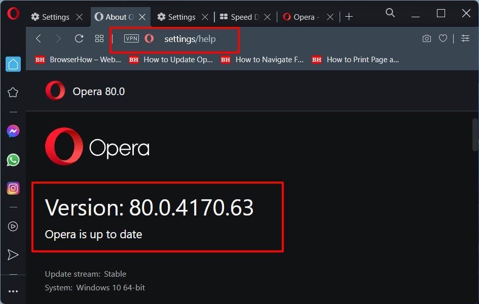 Opera Browser Help Page with Version number