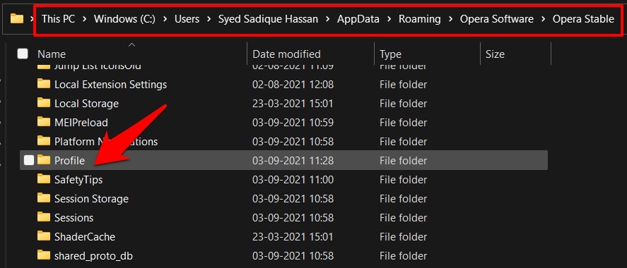 Opera Browser Profiles folder in Windows PC