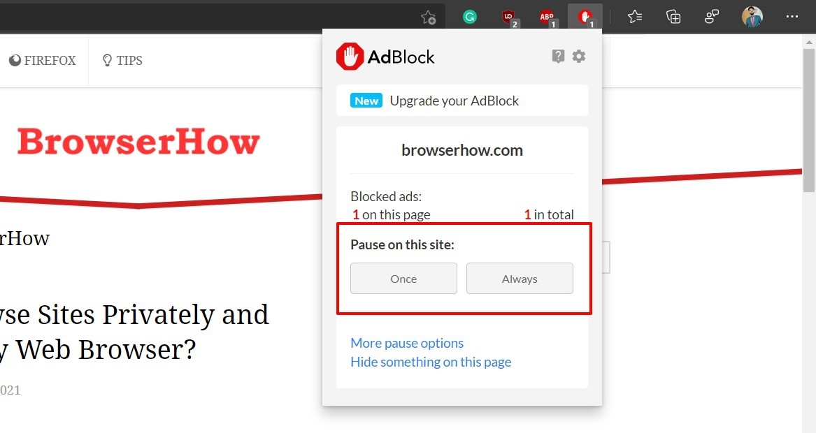 Pause ads on AdBlock extension
