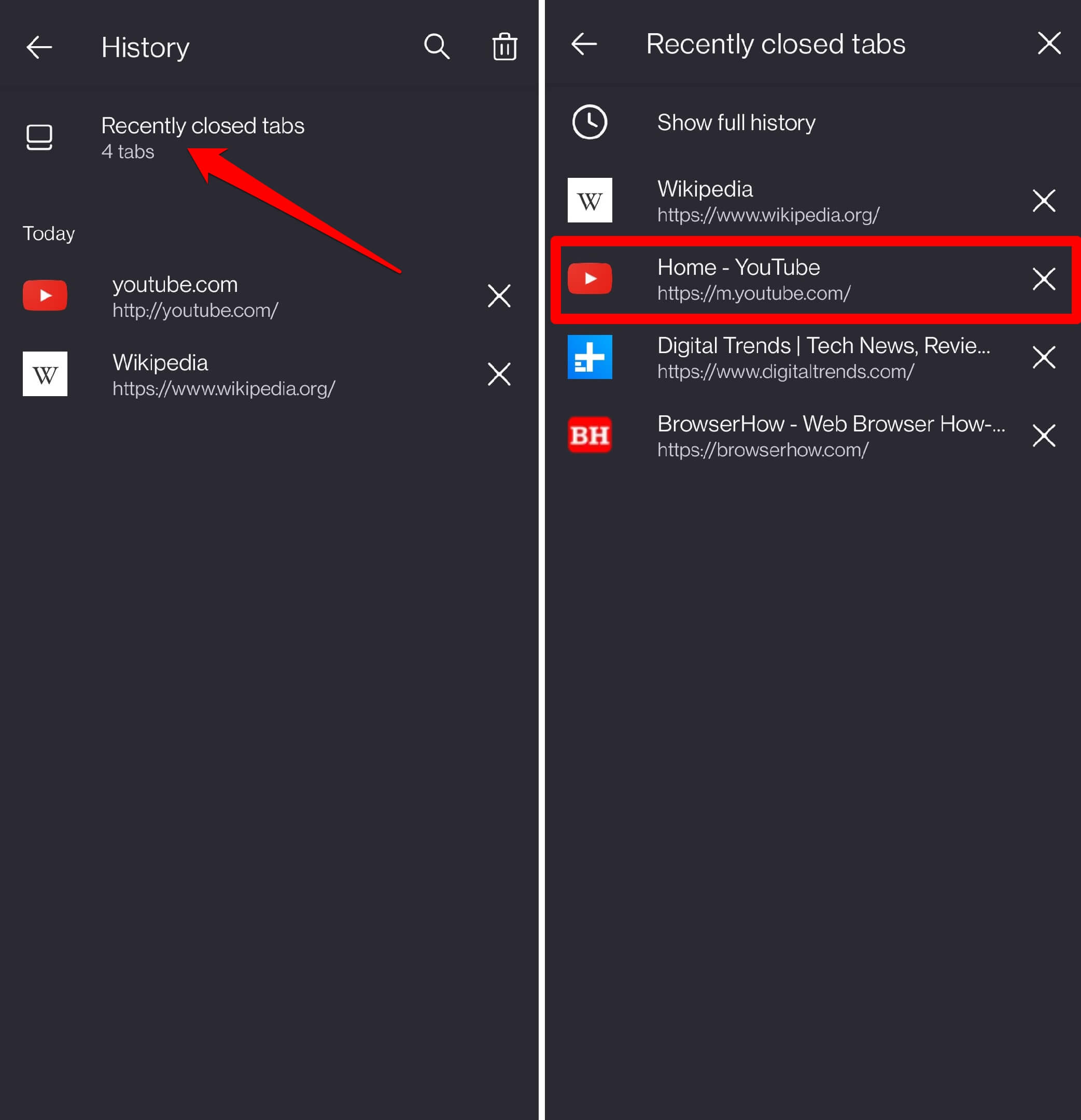 recently closed browser tabs Firefox Android