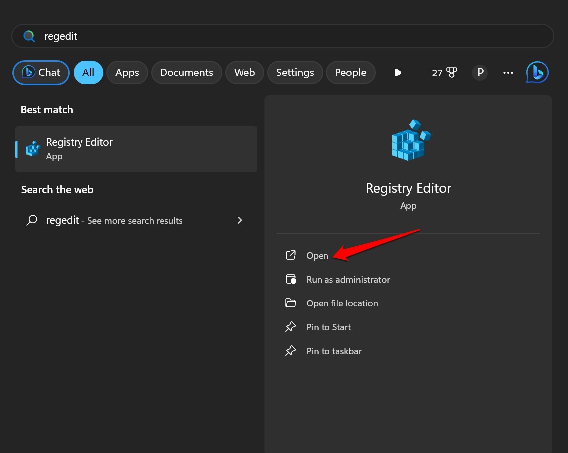 Registry Editor in Windows Search bar