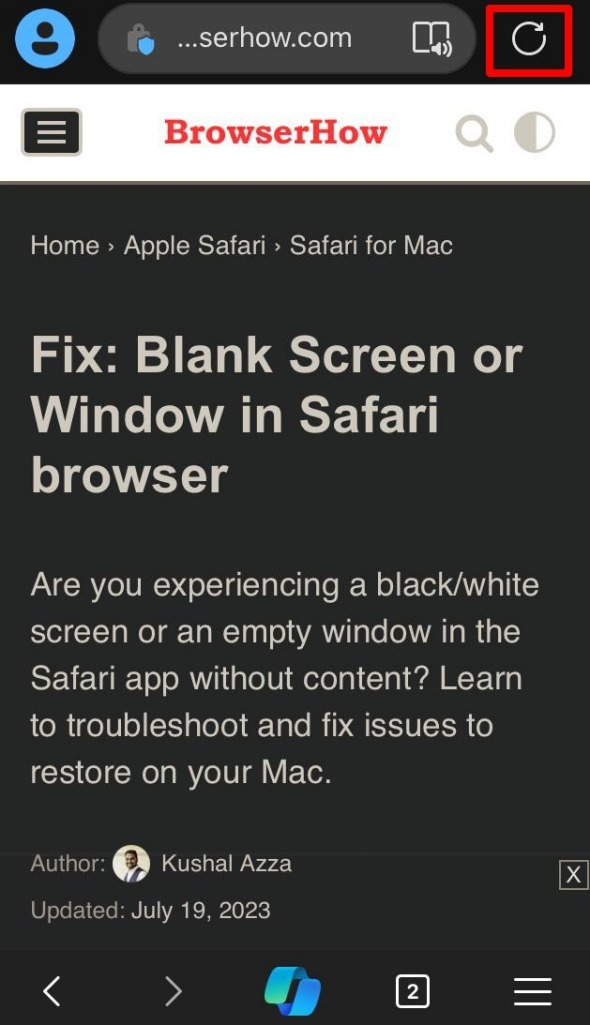 reload a webpage on Edge browser for iPhone