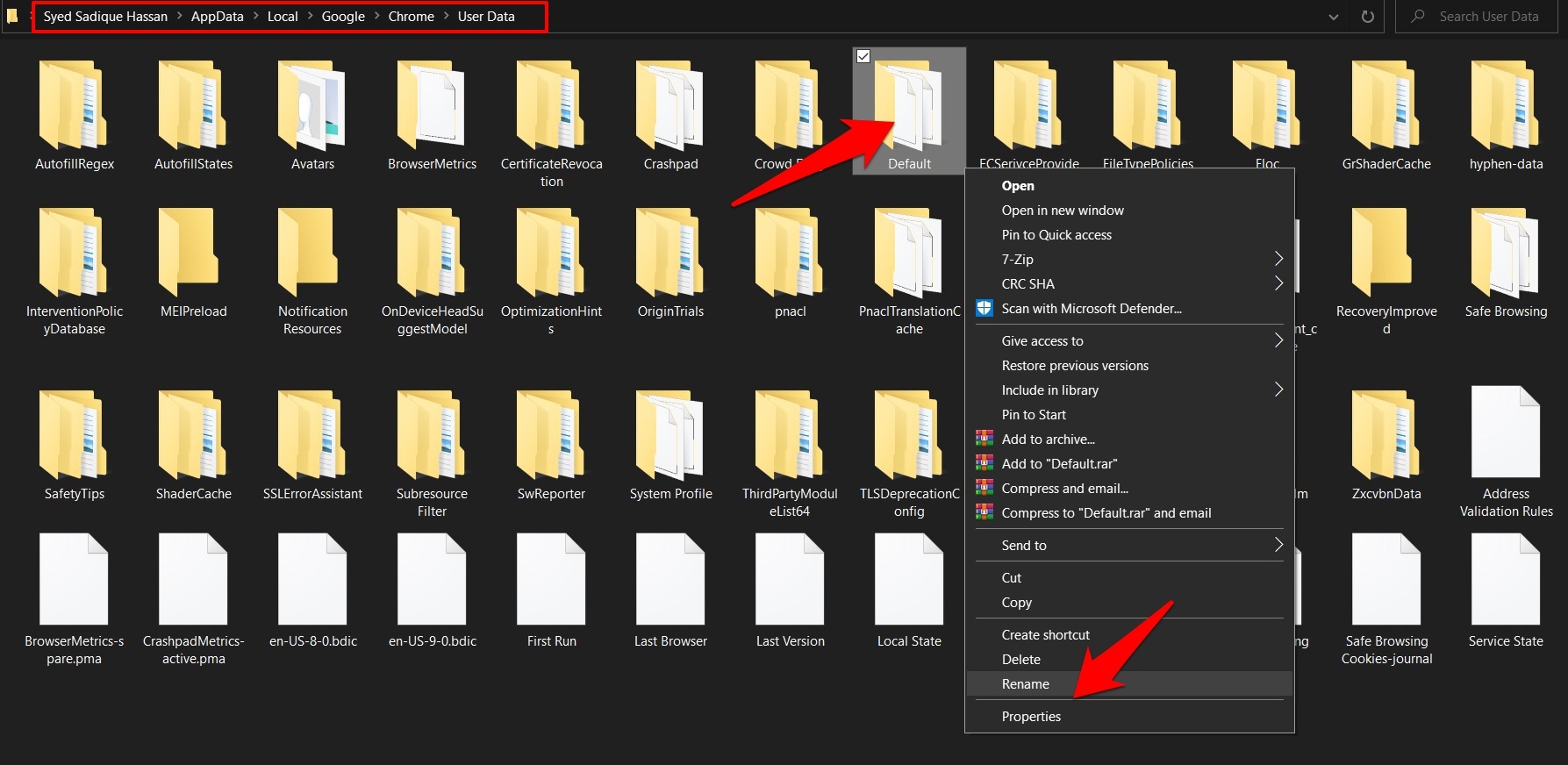 Rename Chrome User Data folder in Windows OS