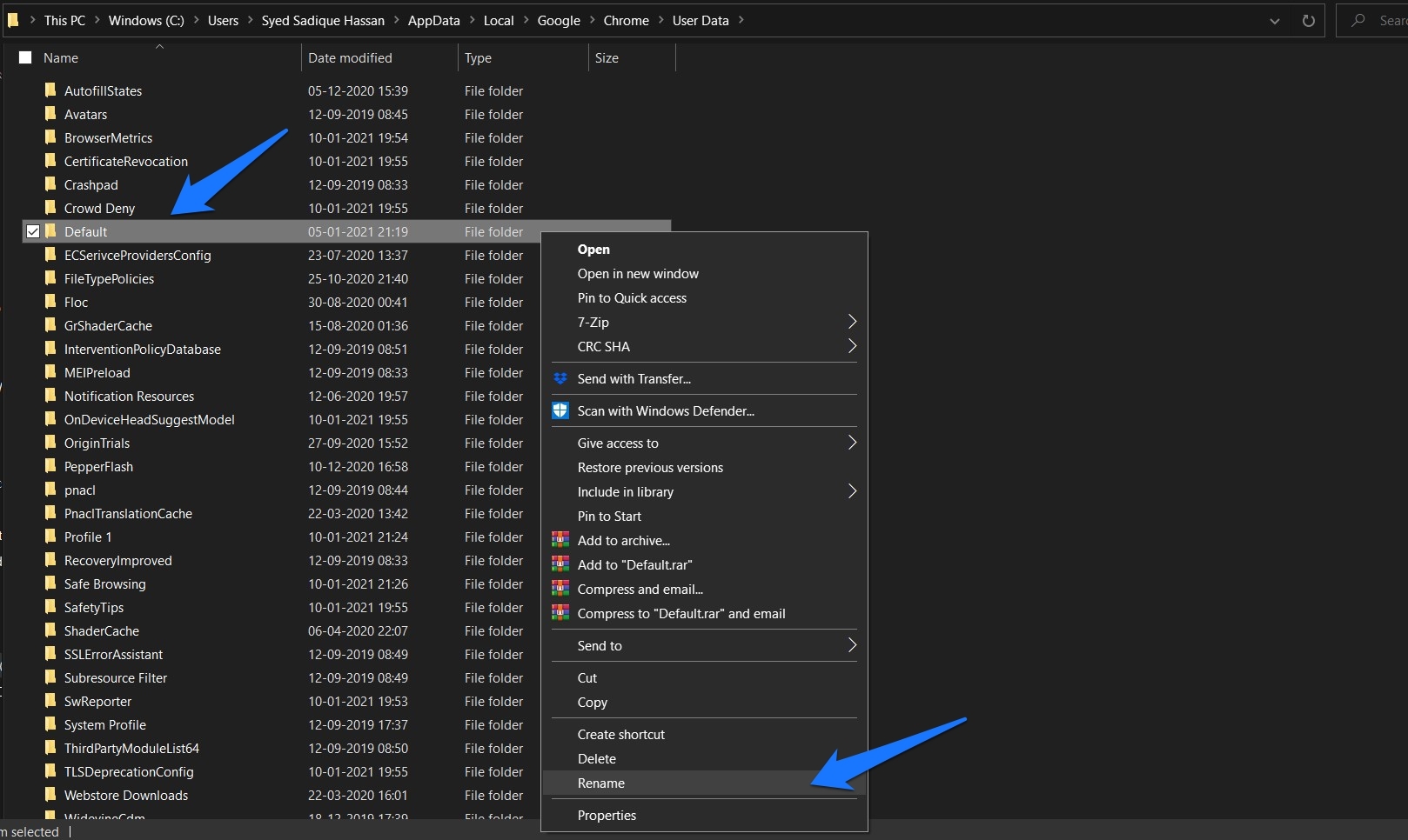 Rename Default folder in Chrome User Data