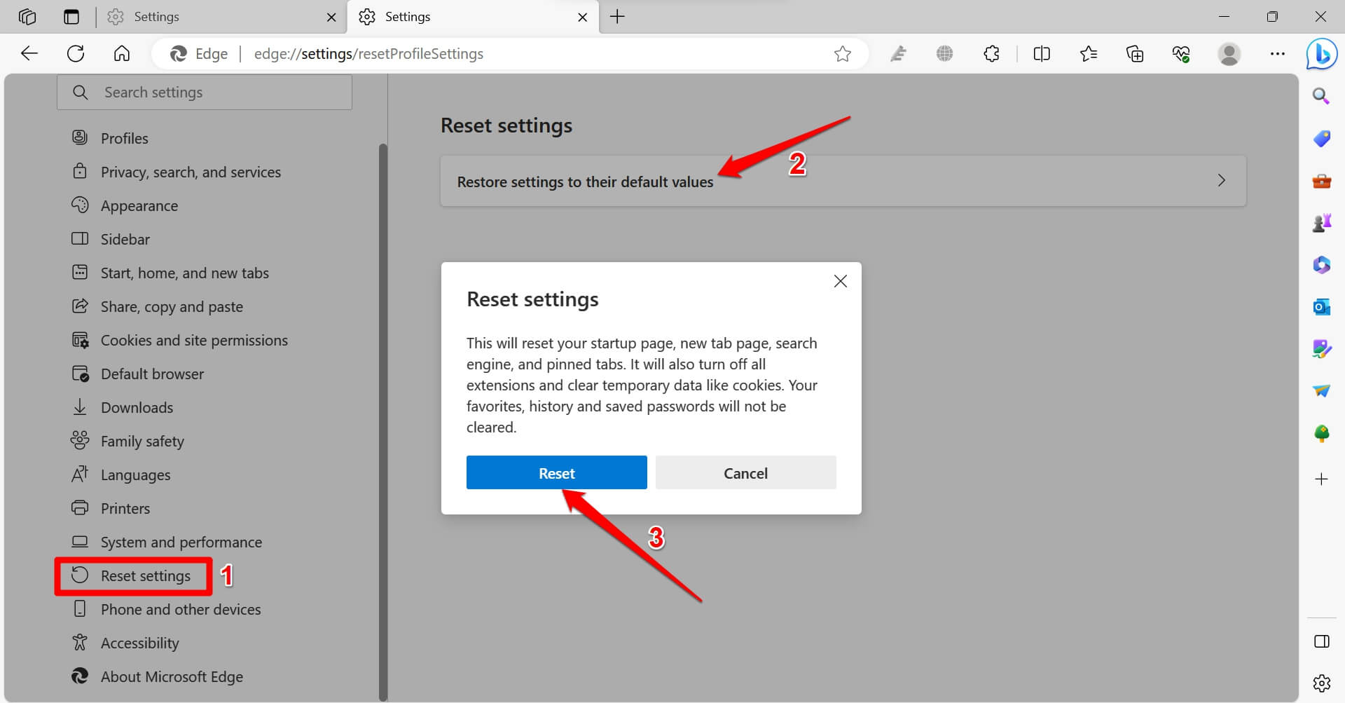 reset Edge browser