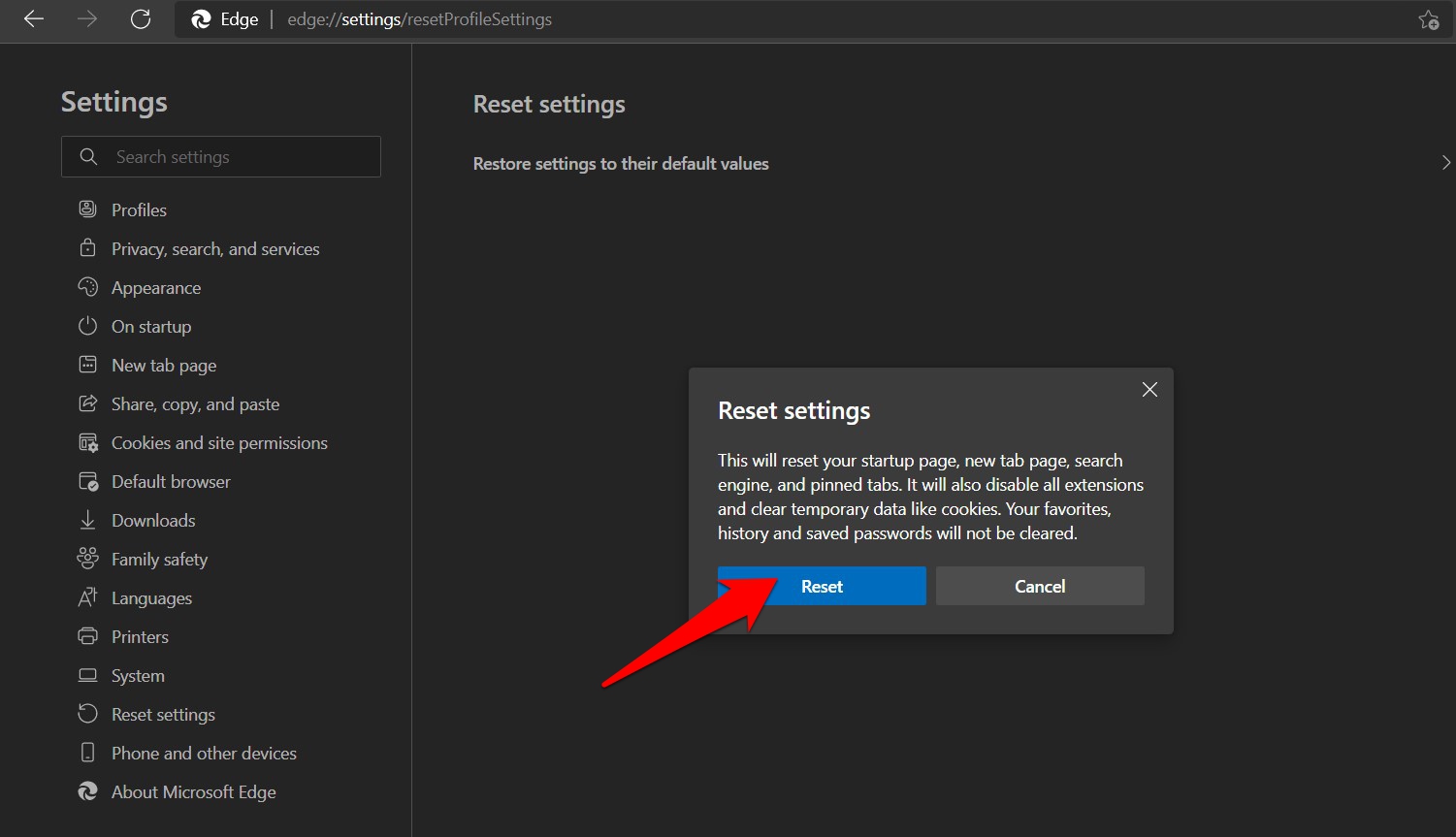 Reset Microsoft Edge browser settings