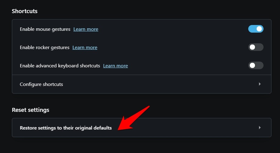 Reset Settings to their original default in Opera browser