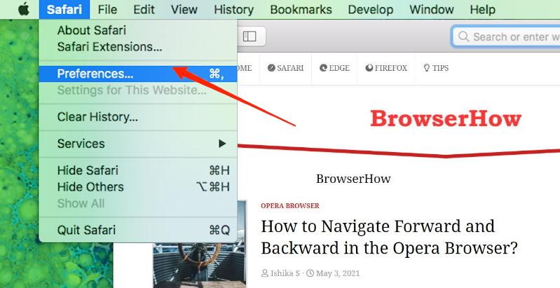 Safari Preferences menu under Apple Logo
