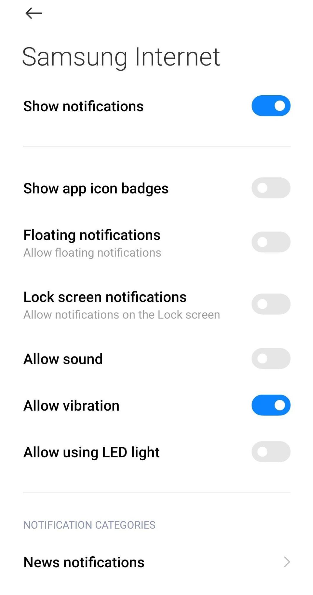 Samsung Internet Notification Settings