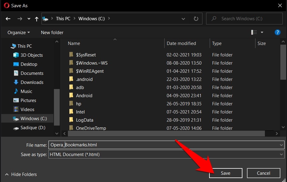 Save Bookmarks as HTML file from Opera