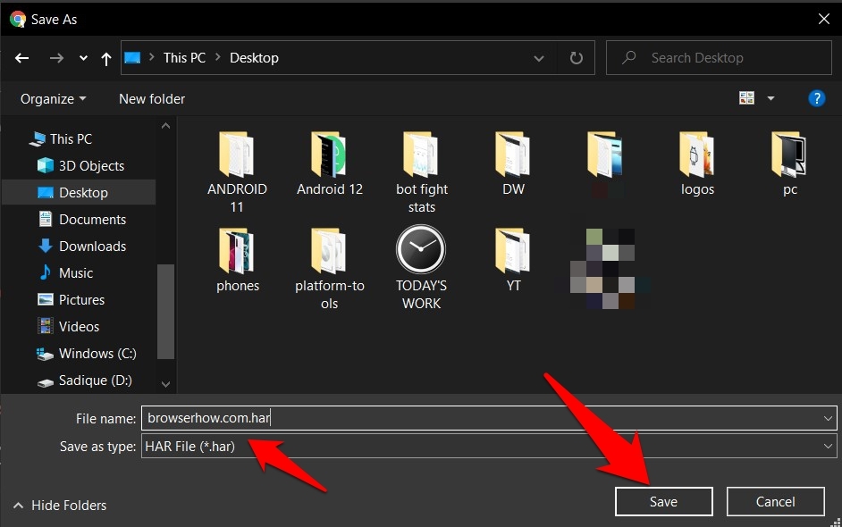 Save HAR file with .har file extension