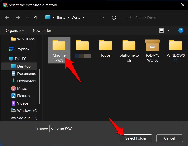 Select Chrome App PWA Folder for Testing in Chrome Browser