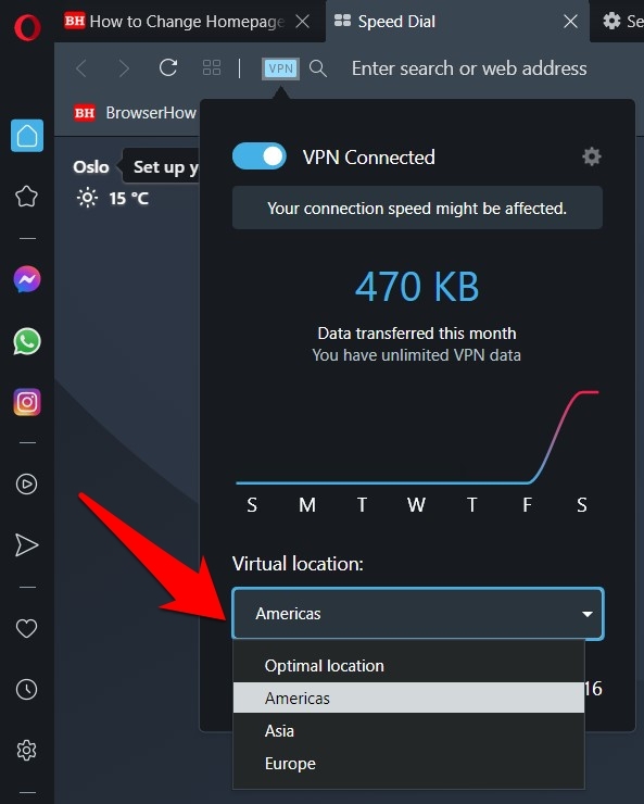 Select the virtual location in Opera browser