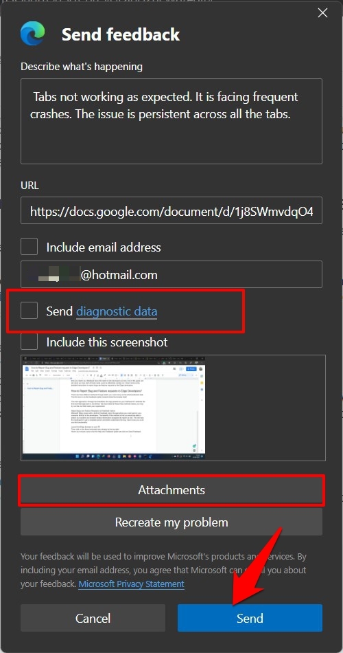 Send Diagnostic Data along with Attachment for Edge Feedback