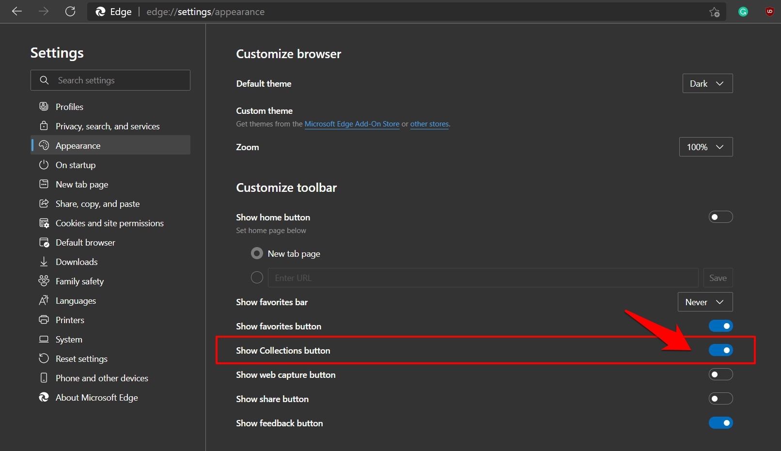 Show Collections button on Edge in Appearance Settings