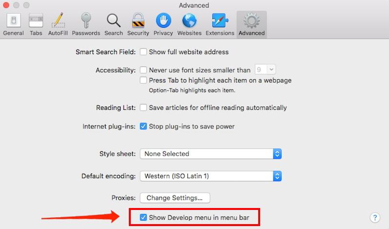 Show Develop Menu in Menu bar option in Safari Preferences