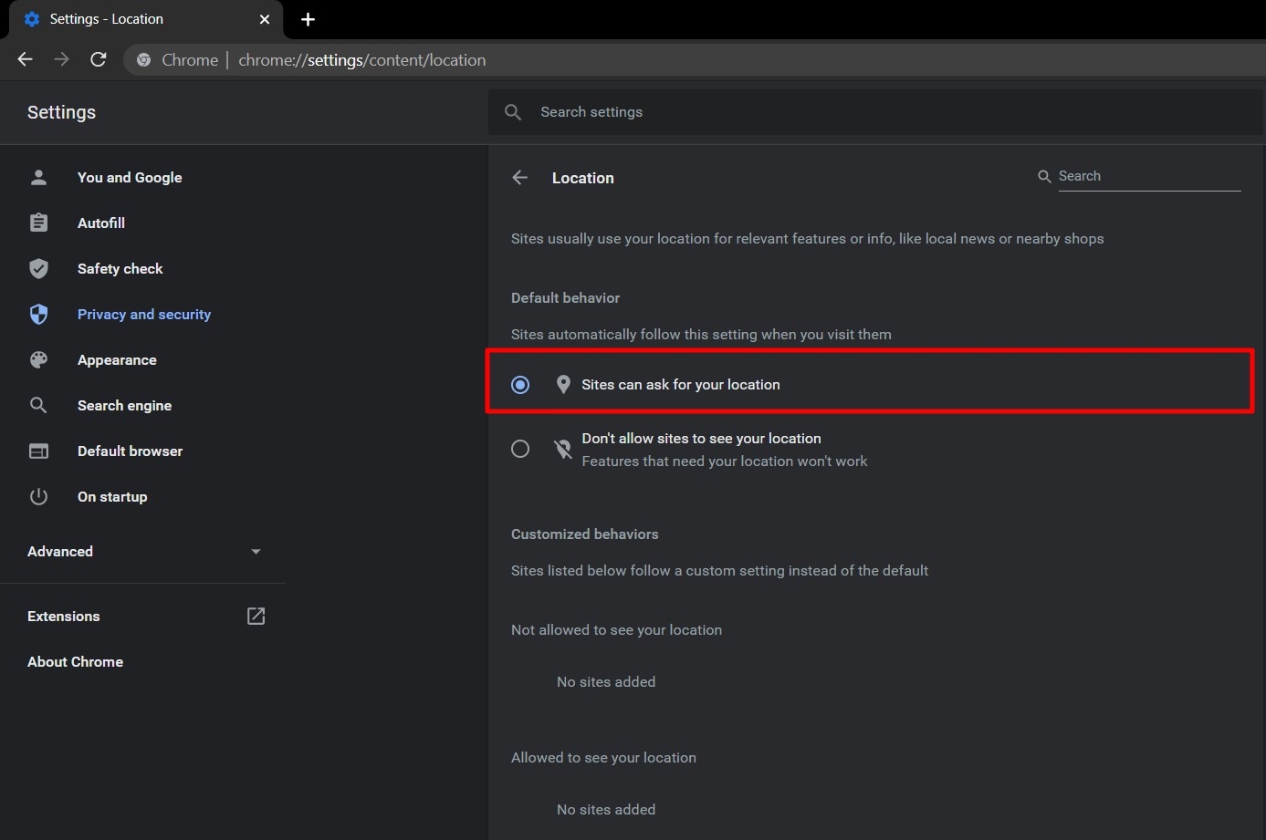 Site can ask for your location radio button in Chrome computer