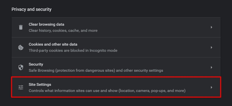 Site Settings menu in Chrome Browser