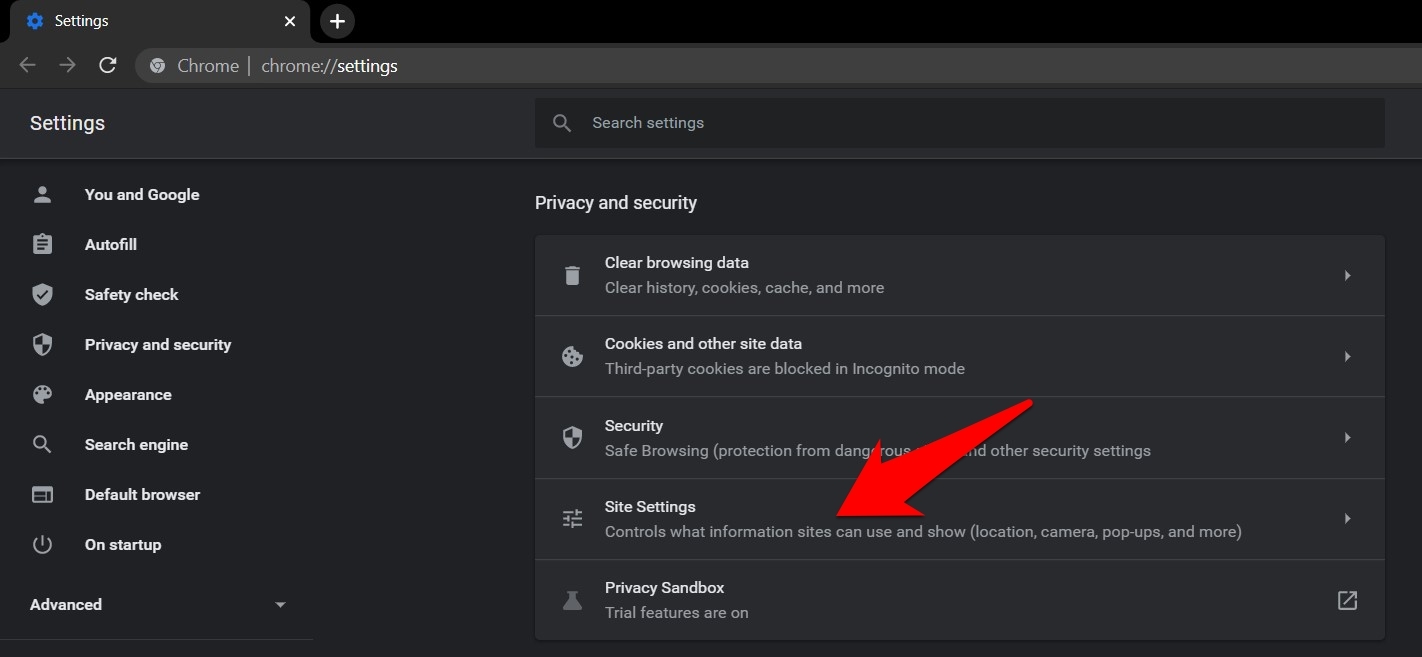 Site Settings Tab in Chrome Computer