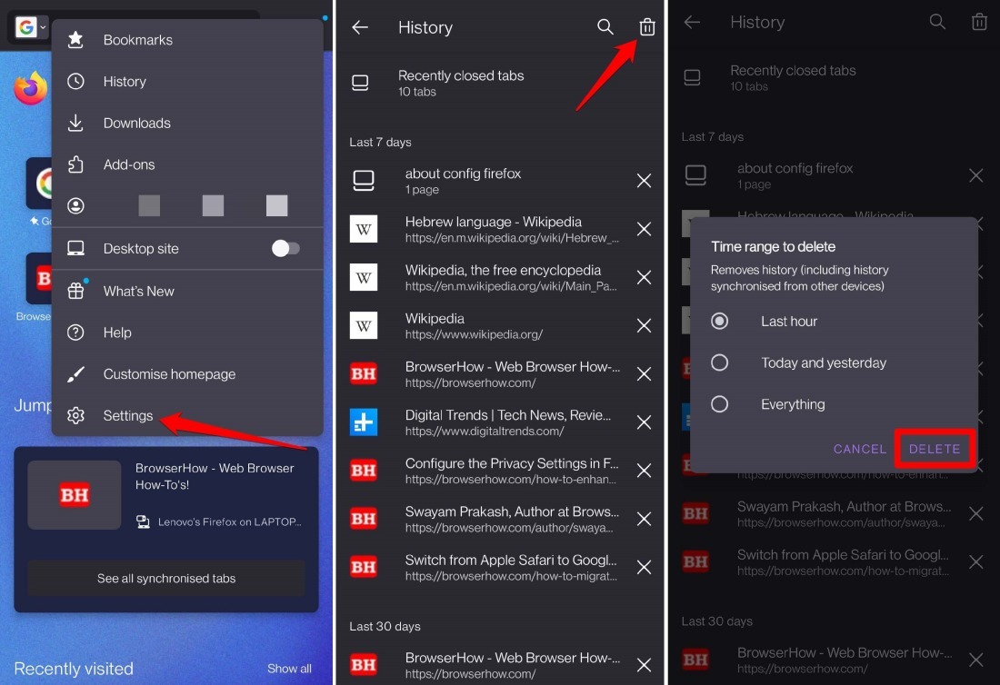 specify a time range to remove search history on Firefox Android