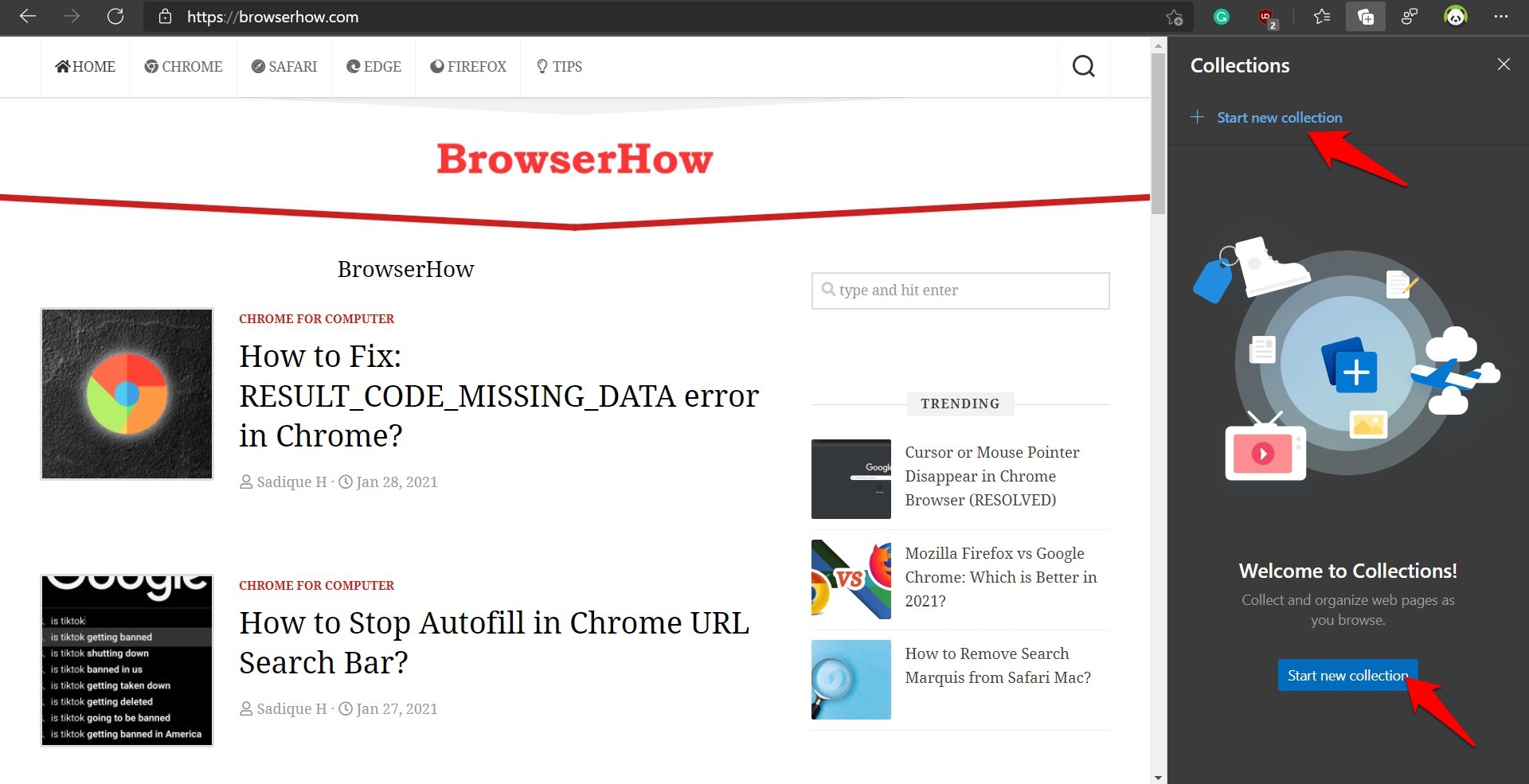 Start new collections list in Microsoft Edge