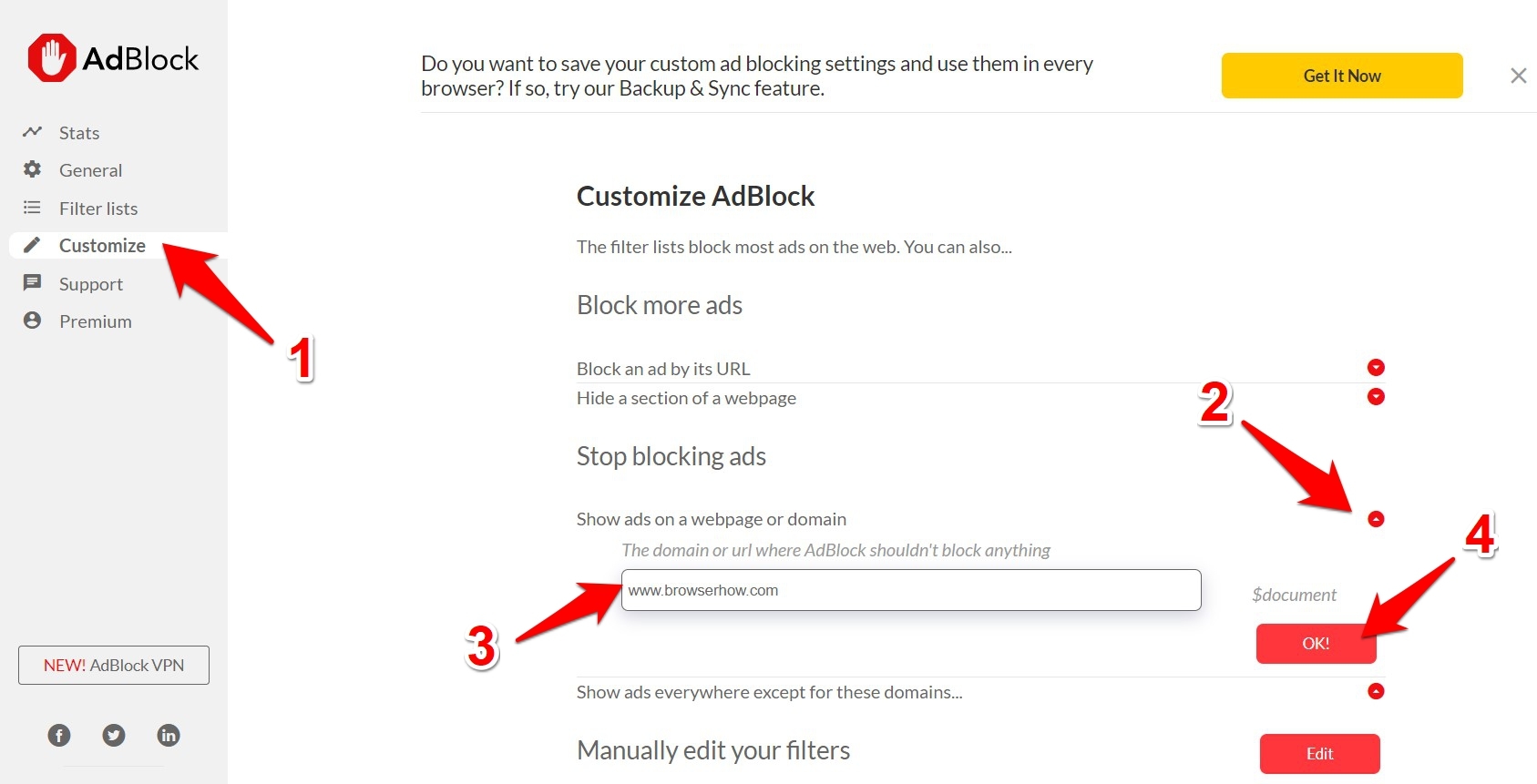 Stop Blocking Ads on AdBlock extension