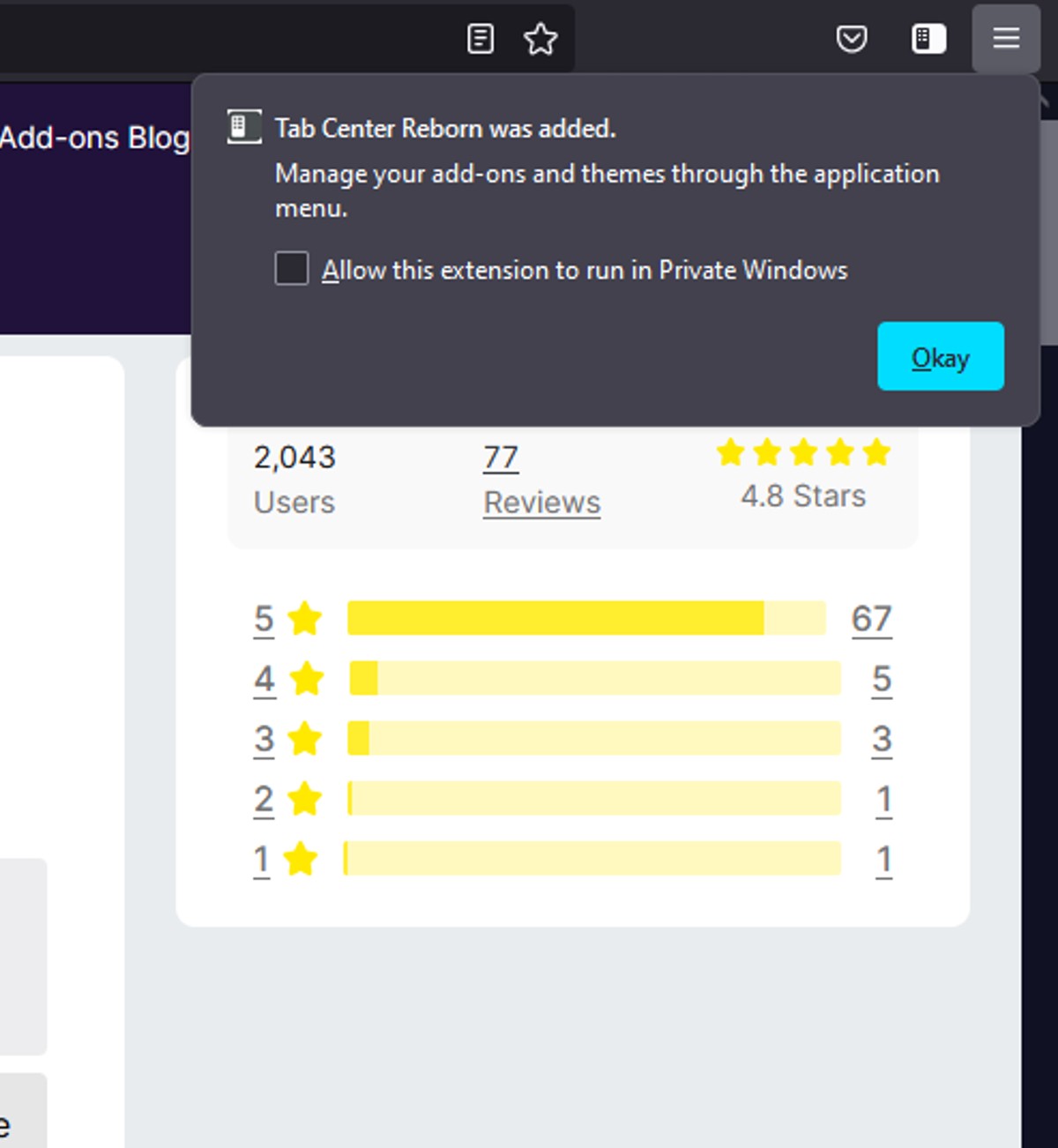 Tab Center Reborn was added to Firefox - enable on private browsing mode