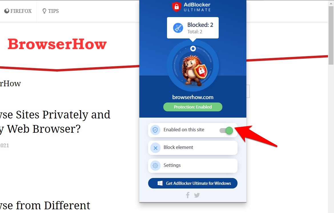 Toggle to Disable the AdBlock in AdBlocker Ultimate