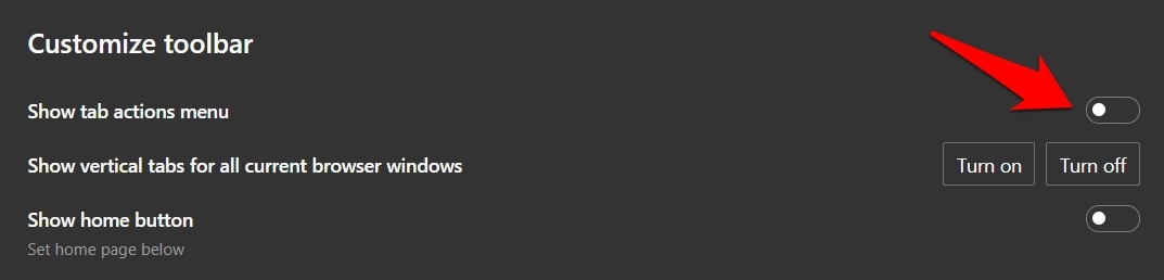 Turn off Show tab action menu in Microsoft Edge