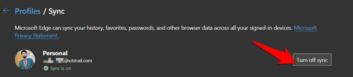 Turn off Sync option in Microsoft Edge browser
