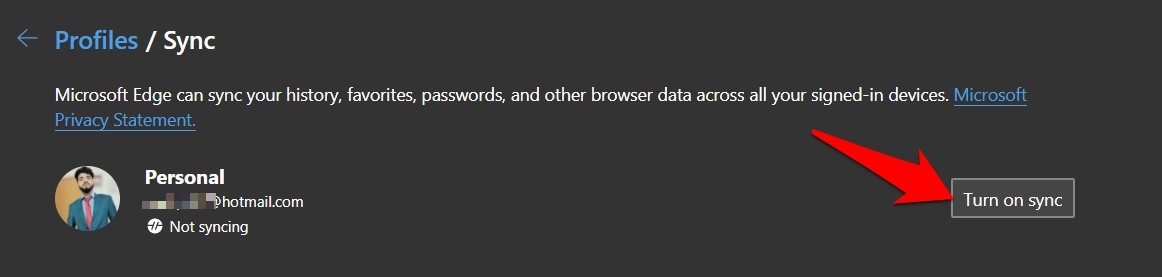 Turn on Sync in Microsoft Edge